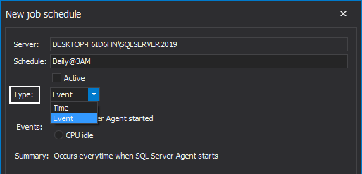 Select SQL Server Agent job schedule event type