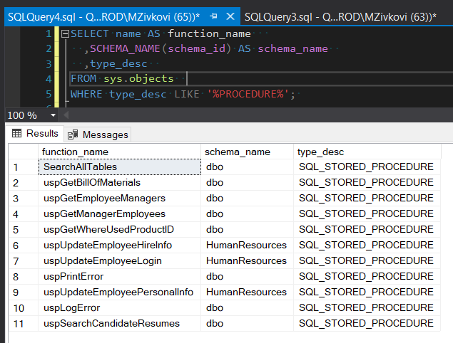 SQL search code for finding  all procedures using the sys.objects view 