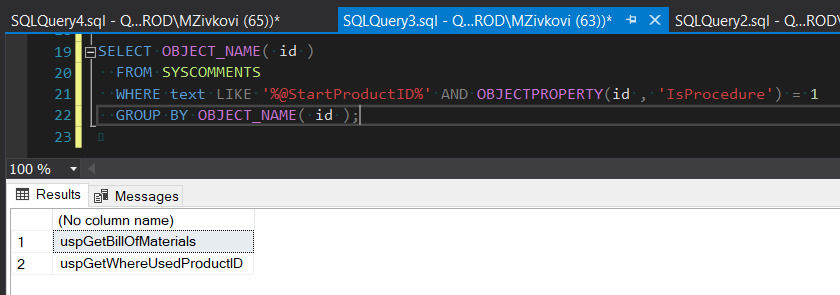SQL search code for finding  specific parameter in all procedures using the sys.syscomments view