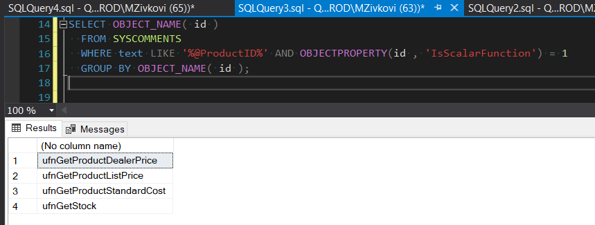 SQL search code for finding  specific parameter in all functions using the sys.syscomments view
