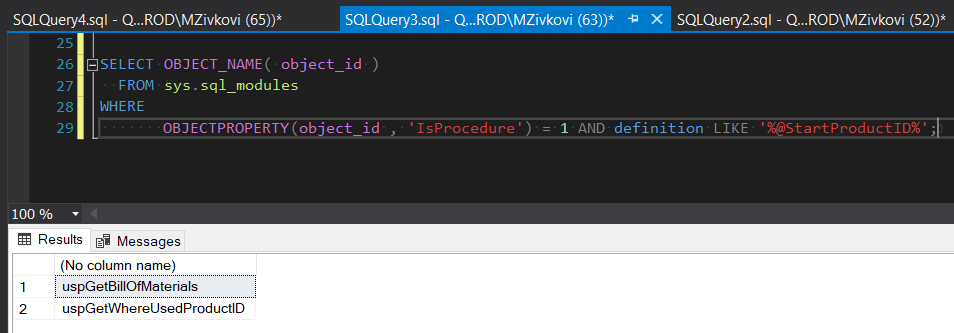 SQL search code for finding  specific parameter in all procedures using the sys.sql_modules view