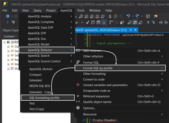 Format SQL code by using profile via ApexSQL Refactor main menu