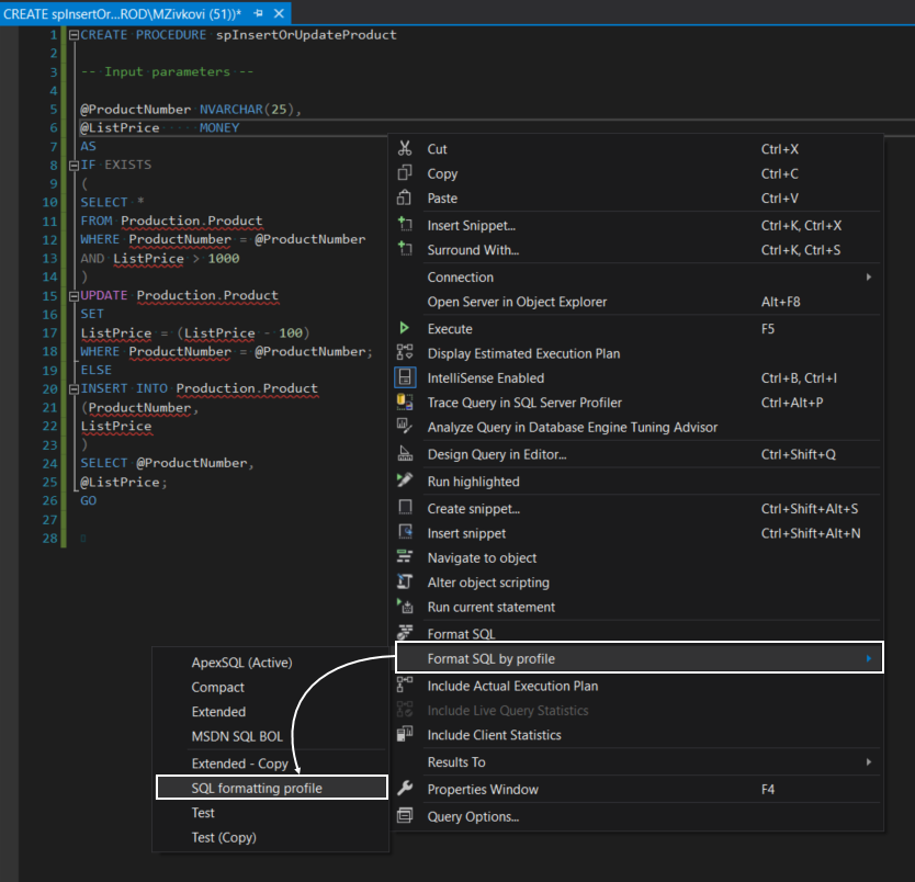 Format SQL code by using profile via query editor context menu