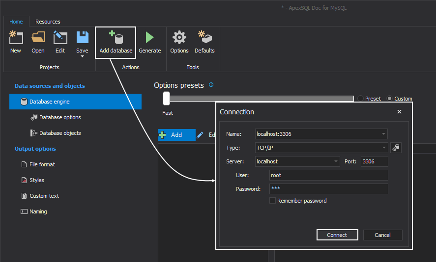 The Connection dialog to the MySQL Server