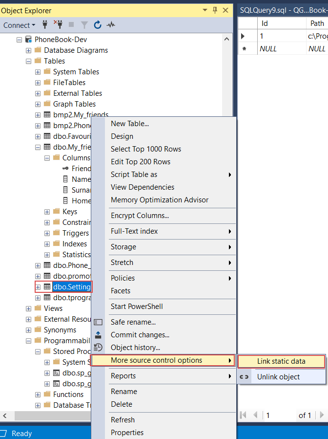 Linking static data to source control repository