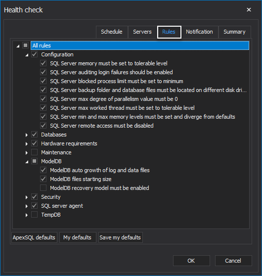 Rules tab of the Health check window