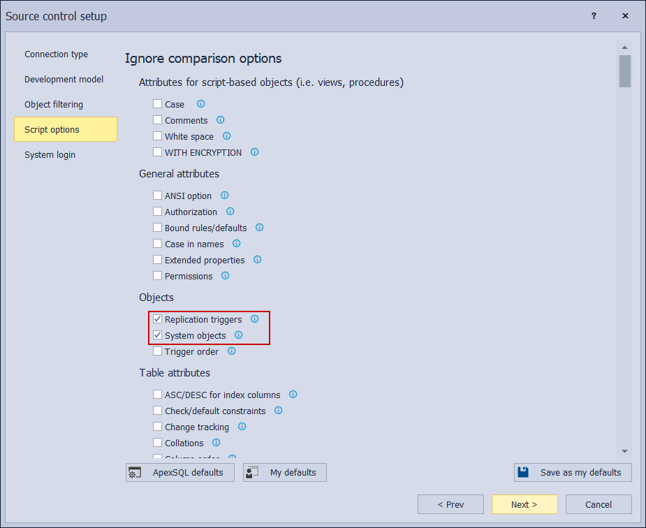 Scriptiong options configuration