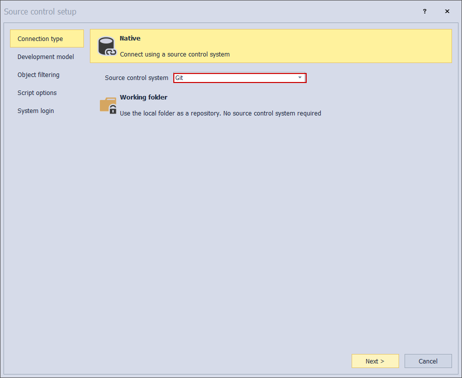 Source control system selection