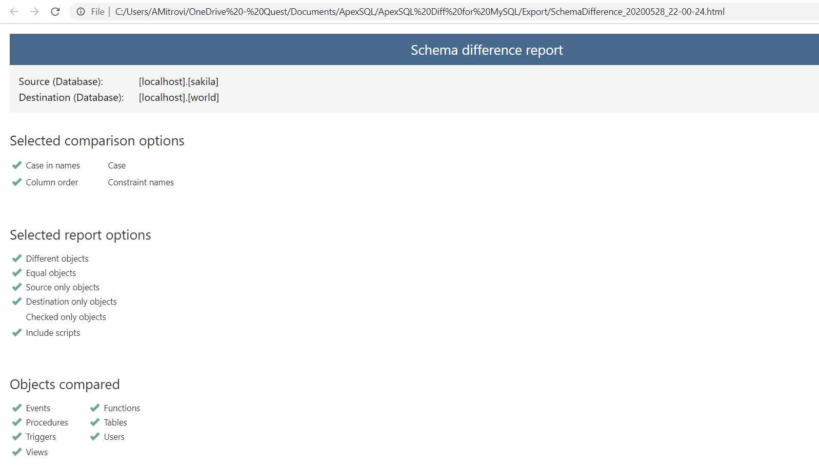ApexSQL Diff for MySQL HTML simple report in browser