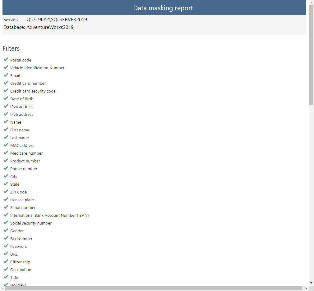 Data masking report